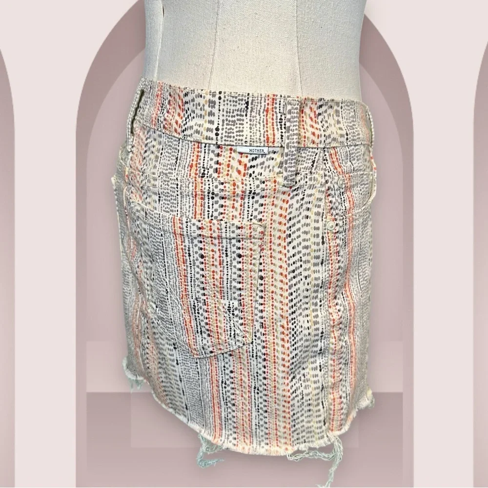 NWT MOTHER Denim ‘Straight Mini Fray’ Denim Skirt in “Mandarin” Orange Dot Print